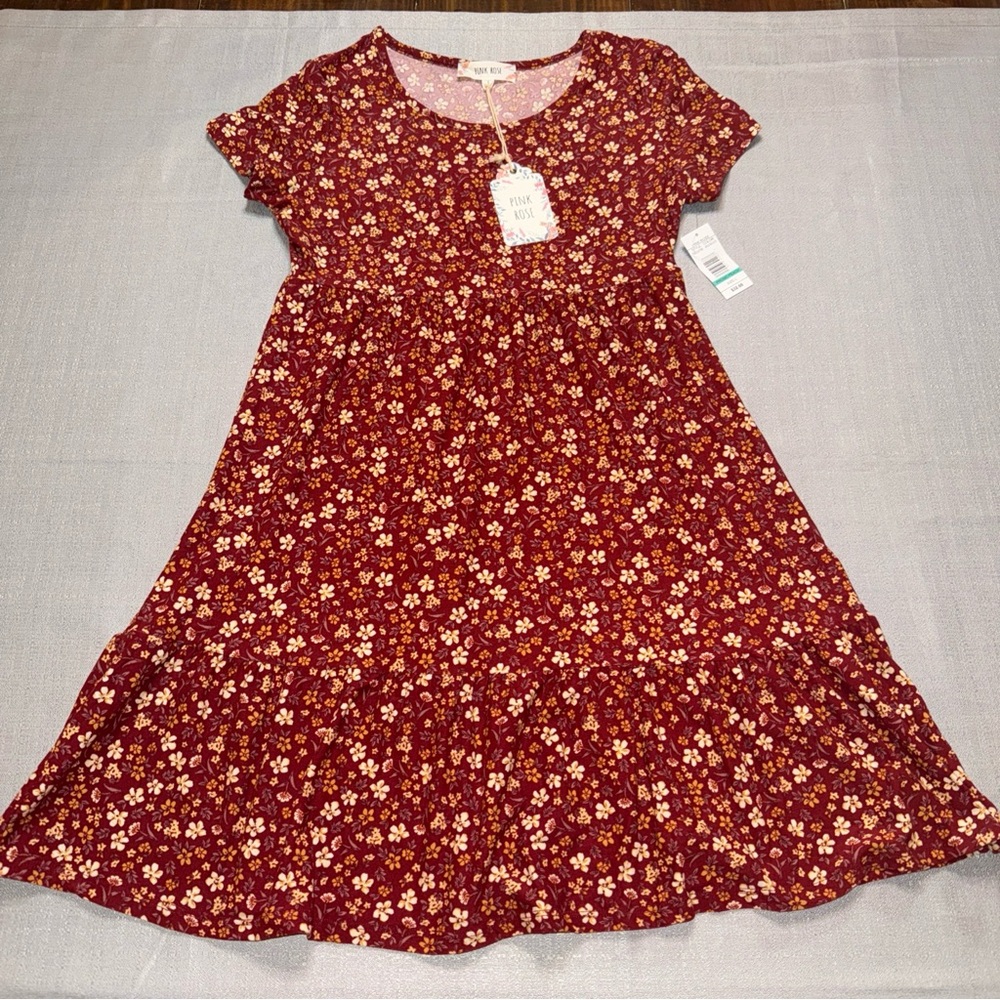 Pink rose Floral Kids Dress in deep Red